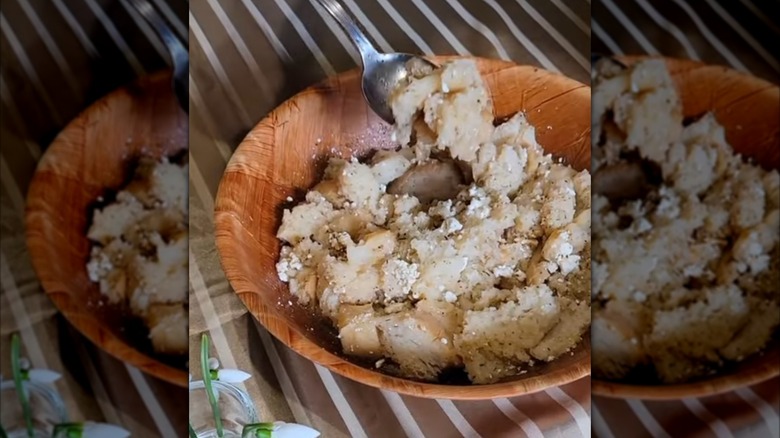 Popara Bulgarian bread pudding breakfast porridge in a bowl