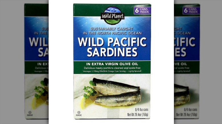 cans of Wild Planet Wild Pacific Sardines in a cardboard carton