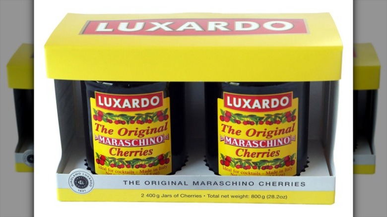 two jars of Luxardo Maraschino Cherries in a cardboard carton