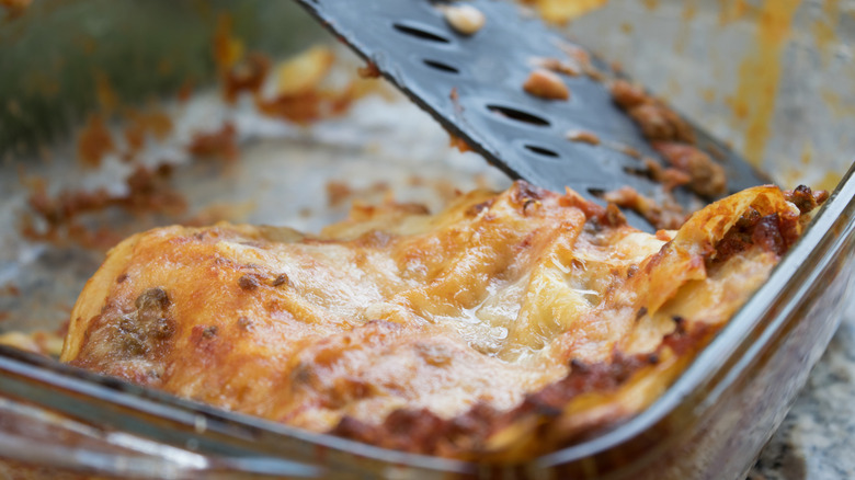 Leftover lasagna in casserole dish