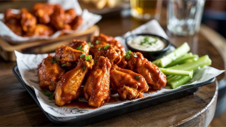 Buffalo wings on a tray with celery