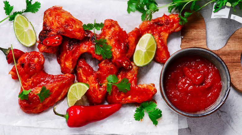 Mango habanero wings with lime wedges