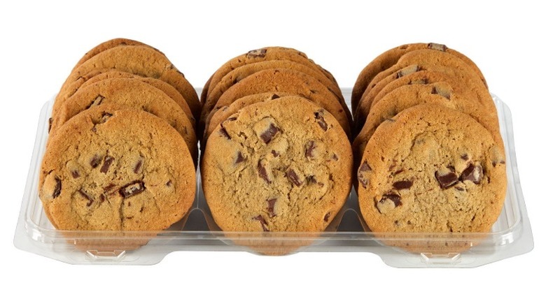 Member's Mark Chocolate Chunk Cookies in clear plastic packaging on a white background.