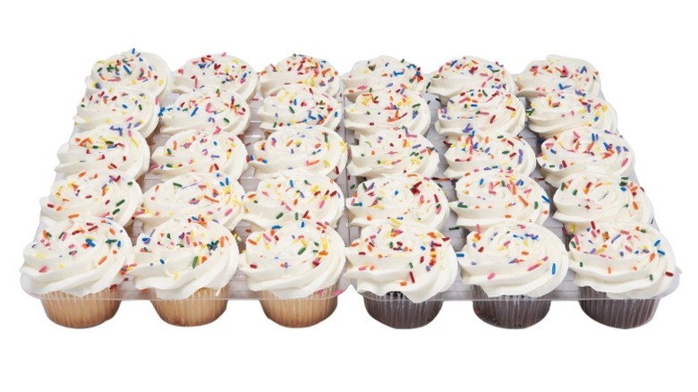 White and Chocolate Cupcakes with Whipped Icing in clear plastic packaging on a white background.