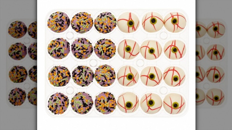 Member's Mark Chocolate Halloween Cake Balls in clear plastic packaging on a white background.