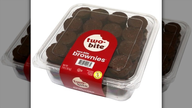 Two-Bite Brownies in clear plastic packaging on a white background.