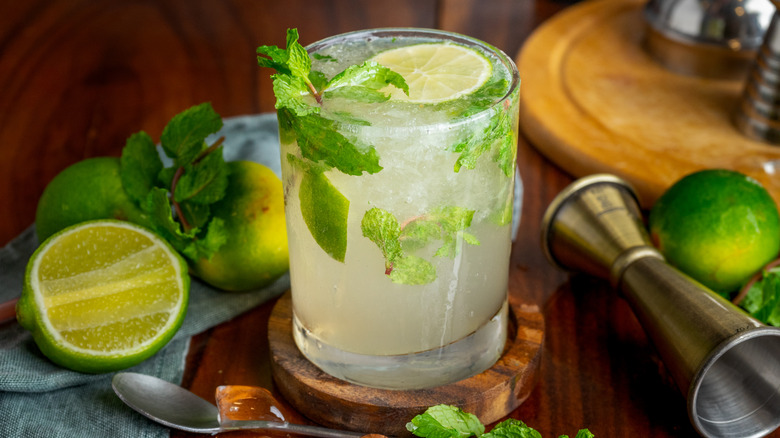 A full rocks glass garnished with fresh mint and rounds of lime on a wooden serving board.