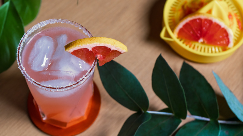 Pink liquid in a highball glass with a salted rim and garnished with a wedge of grapefruit.