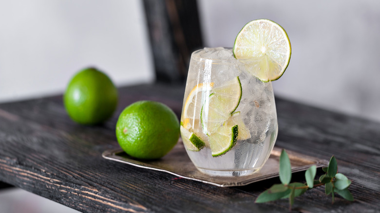 A stemless wine glass filled with ice, clear liquid, and rounds of lime.