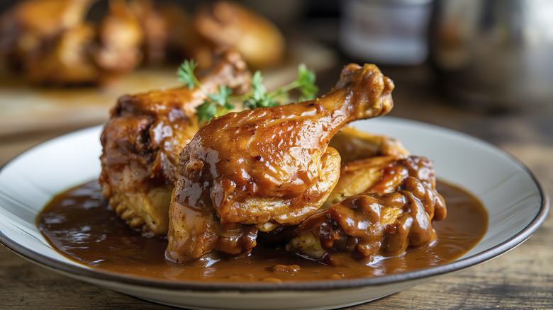 Chicken on plate in gravy