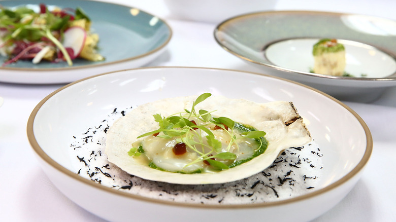 Crudo served in scallop shell