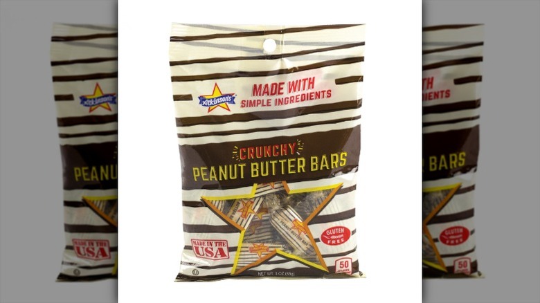 A bag of Atkinson's Crunchy Peanut Butter Bars on a white background.