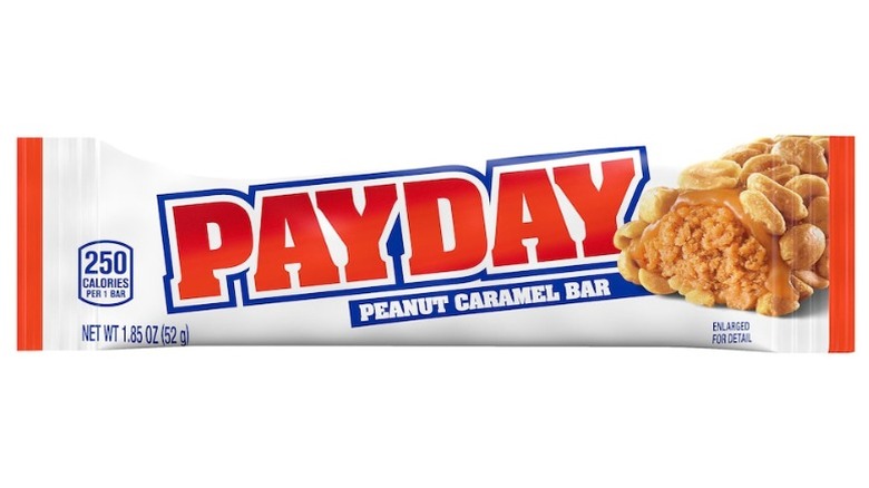 A Payday Peanut Caramel Bar on a white background.