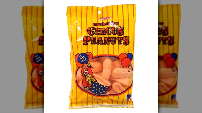 A bag of Melster Marshmallow Circus Peanuts on a white background.