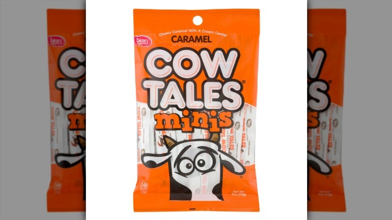 A bag of caramel Cow Tales Minis on a white background.