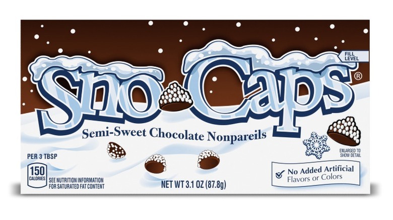 A box of Sno-Caps Semi-Sweet Chocolate Nonpareils on a white background.