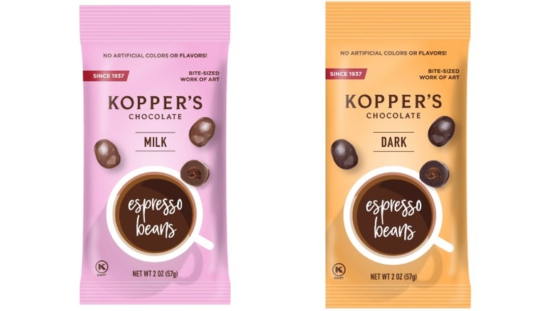 Two bags of Kopper's Chocolate Espresso Beans on a white background.