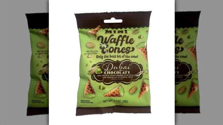 A bag of Dubai chocolate Mini Waffle Cones on a white background.