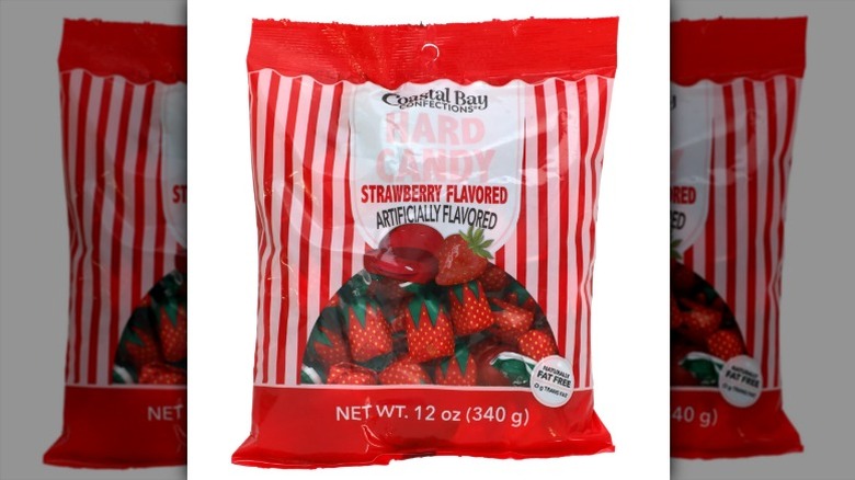 A bag of Coastal Bay Confections Strawberry Candy on a white background.