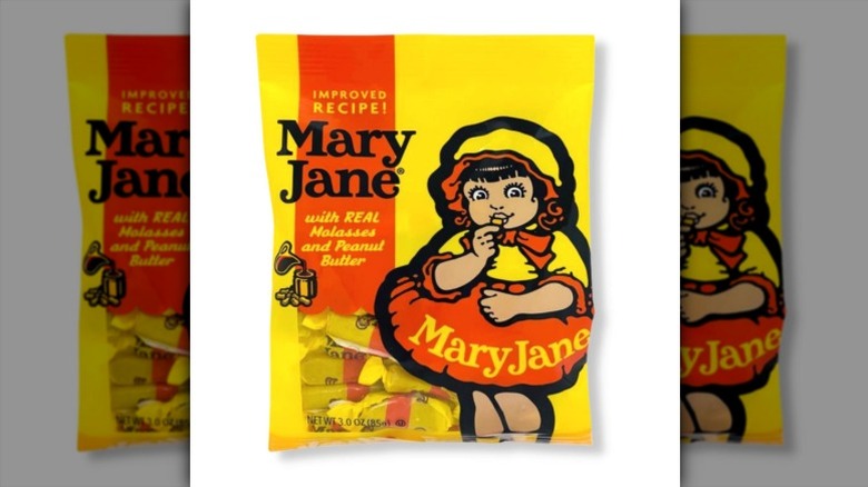 A bag of Mary Jane candies on a white background.