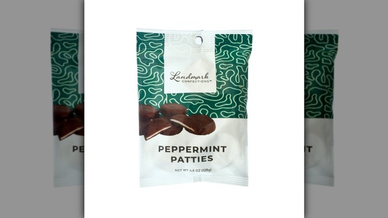 A bag of Landmark Confections Peppermint Patties on a white background.
