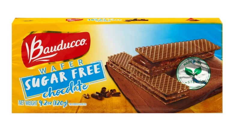 A package of Bauducco sugar-free chocolate wafers on a white background.