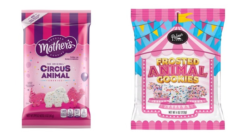 Two bags of Mother's Circus Animal Cookies and Palmer Frosted Animal Cookies on a white background.