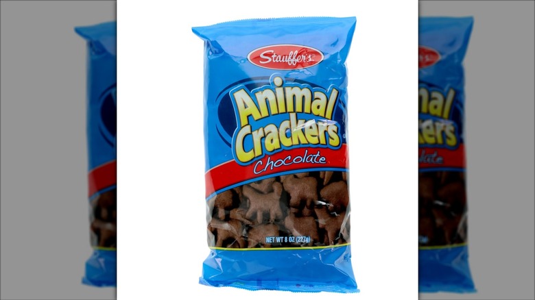 A bag of Stauffer's chocolate animal crackers on a white background.