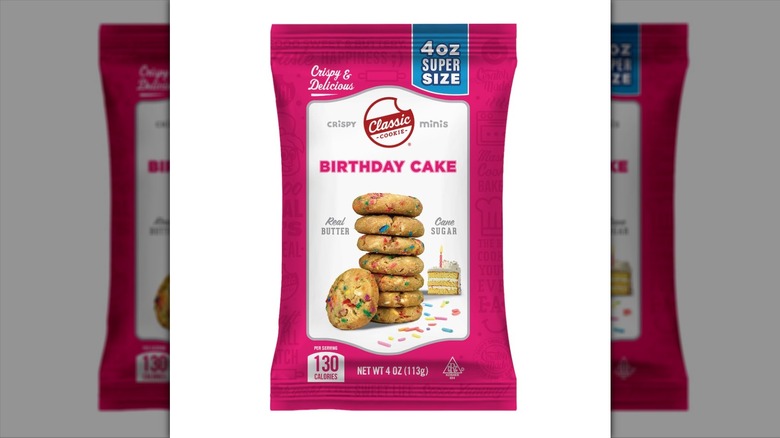 A bag of Classic Cookies birthday cake mini cookies on a white background.