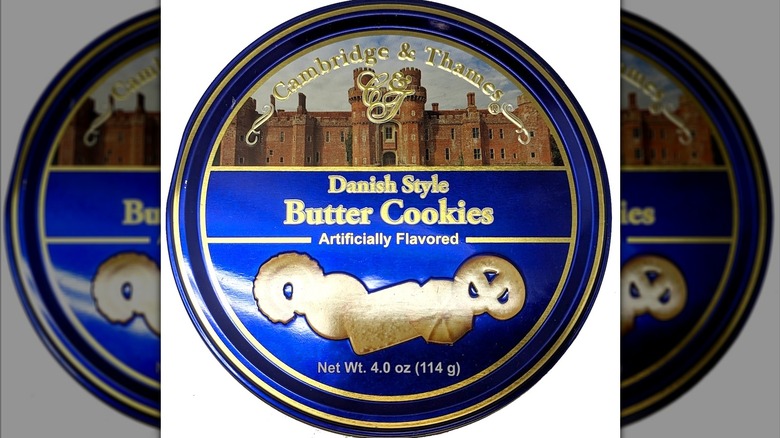 A canister of Cambridge & Thames Danish-style butter cookies on a white background.