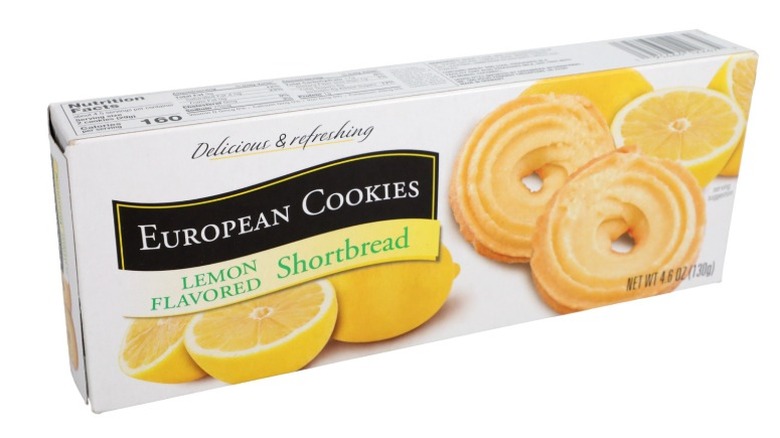A box of European Cookies Lemon-Flavored Shortbread on a white background.