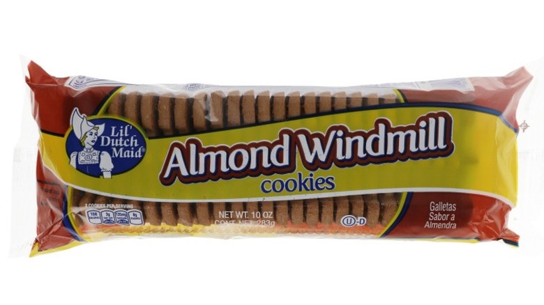 A package of Lil' Dutch Maid almond windmill cookies on a white background.