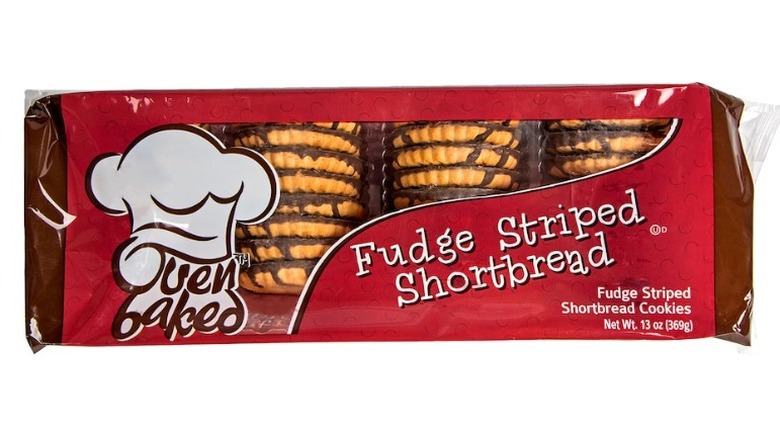 A package of Oven Baked Fudge Striped Shortbread on a white background.
