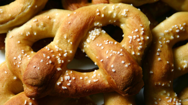 A pile of salted soft pretzels