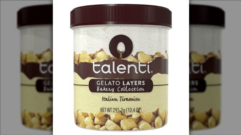 A tub of  Talenti Italian Tiramisu Gelato Layers on a white background.