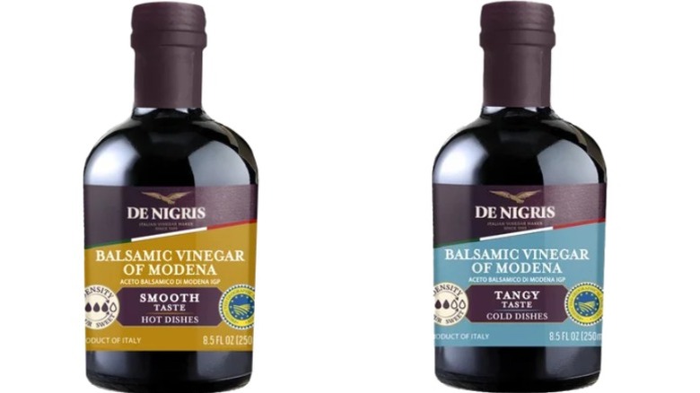 Two bottles of De Nigris balsamic vinegar (one smooth, one tangy) on a white background.