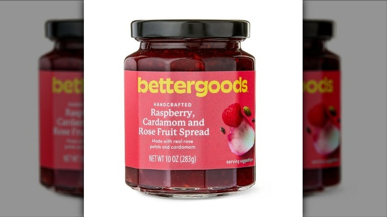 A jar of Bettergoods Raspberry, Cardamom, and Rose Fruit Spread on a white background.
