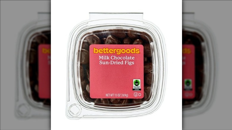 A tub of Bettergoods Milk Chocolate Sun-Dried Figs on a white background.