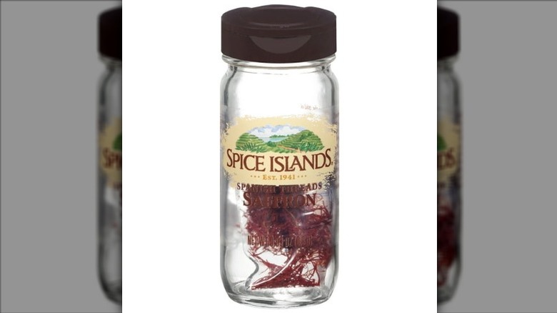 A jar of Spice Islands Spanish Threads Saffron on a white background.