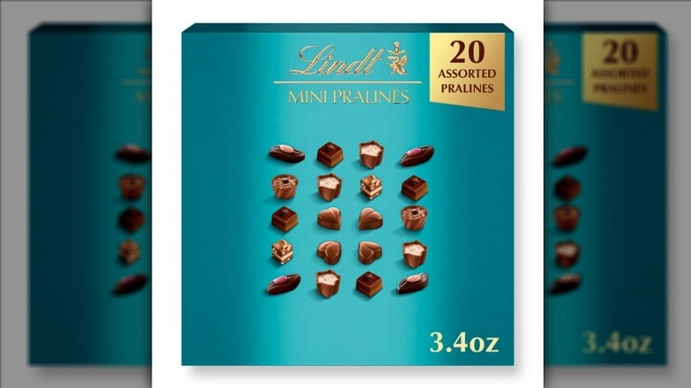 A box of Lindt Mini Pralines on a white background.