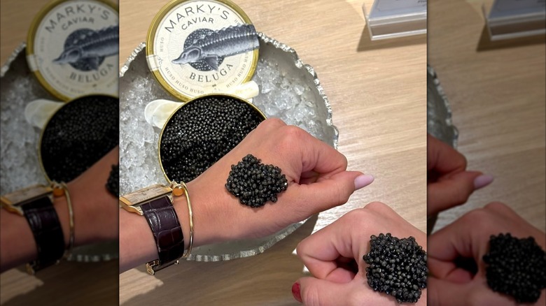 Close-up of a person with a bump of Marky's 00 beluga caviar on their hand next to an open caviar tin