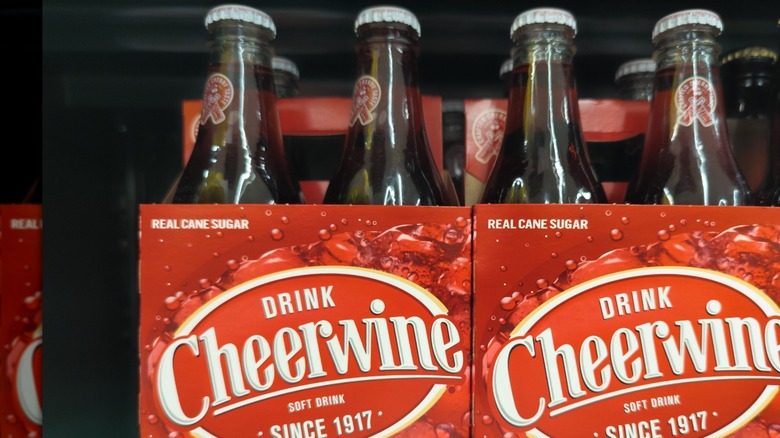 Bottles of Cheerwine Soda Brand Products on Store Shelf at Harris Teeter