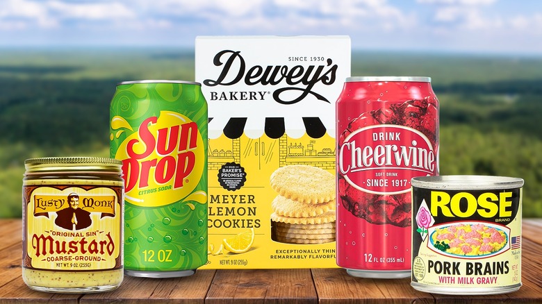 Composite image of Southern grocery items, including Lusty Monk Mustard, Sun Drop soda, Dewey's Lemon Meyer Cookies, Cheerwine, and Rose Pork Brains