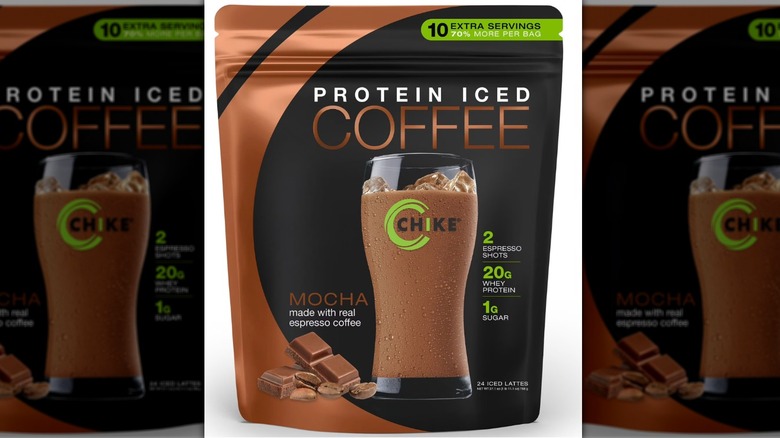 Package of Chike Iced Coffee Whey Protein Powder in mocha flavor on a white background.
