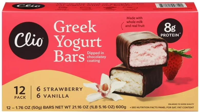 Package of Clio Greek Yogurt Bars on a white background.