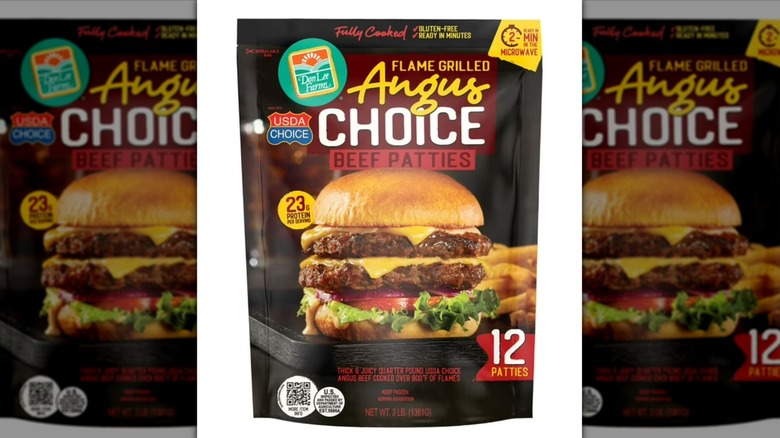 Package of Don Lee Farms Flame Grilled Angus Choice Beef Patties on a white background.
