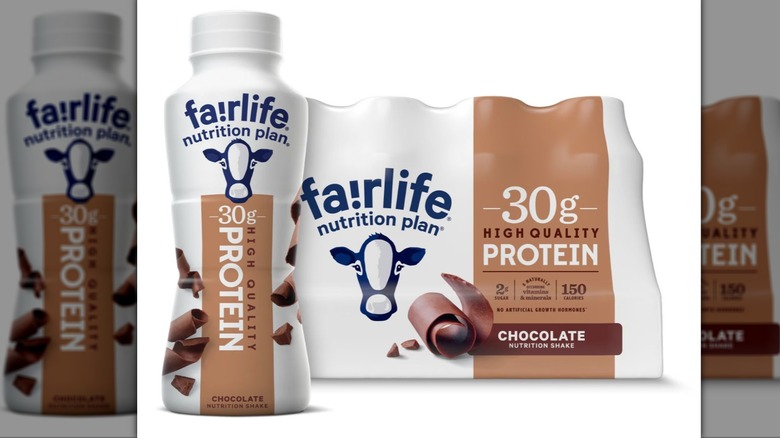 Pack of chocolate-flavored Fairlife Nutrition Plan protein shakes on a white background.