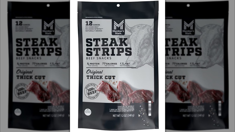 Member's Mark Beef Steak Strips in their package on a white background.