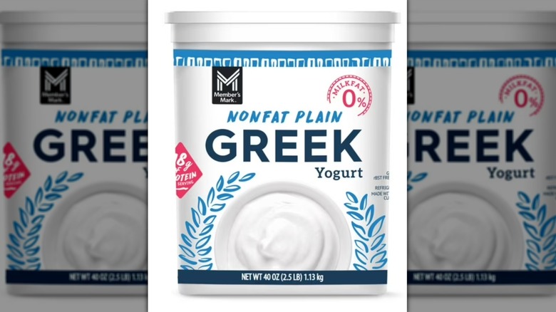 Container of Member's Mark Nonfat Plain Greek Yogurt on a white background.