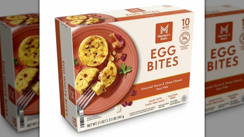Box of Member's Mark Sous Vide Uncured Bacon & Three Cheese Egg Bites on a white background.